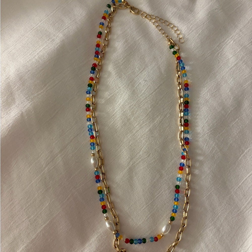 Multicolor bead gold chain and pearl double layer necklace